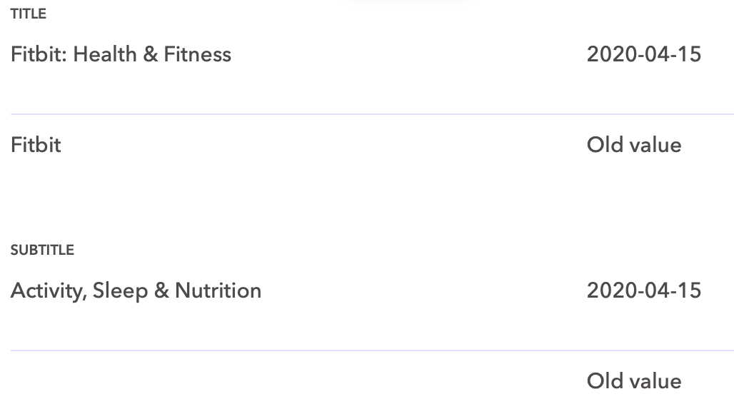 Textual metadata updates for Fitbit in the US Apple App Store in the last 12 months. Textual metadata updates for Fitbit in the US Apple App Store in the last 12 months.